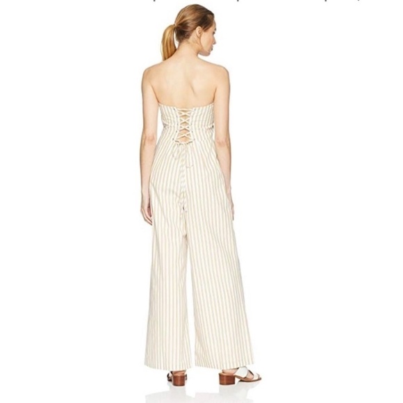 Ali & Jay Strapless Wide leg Jumpsuit Yellow Stripe lace up back - Picture 2 of 2